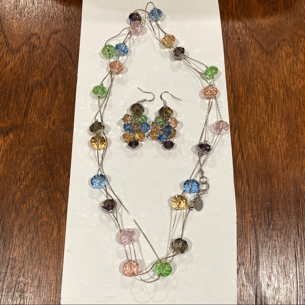Matching Dangling Earrings And Long Beaded Necklace Pastel Clear Rainbow Beads
